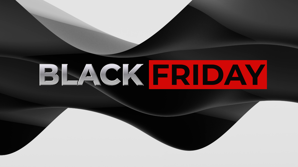 Banner Black Friday, text alb și roșu pe fundal negru